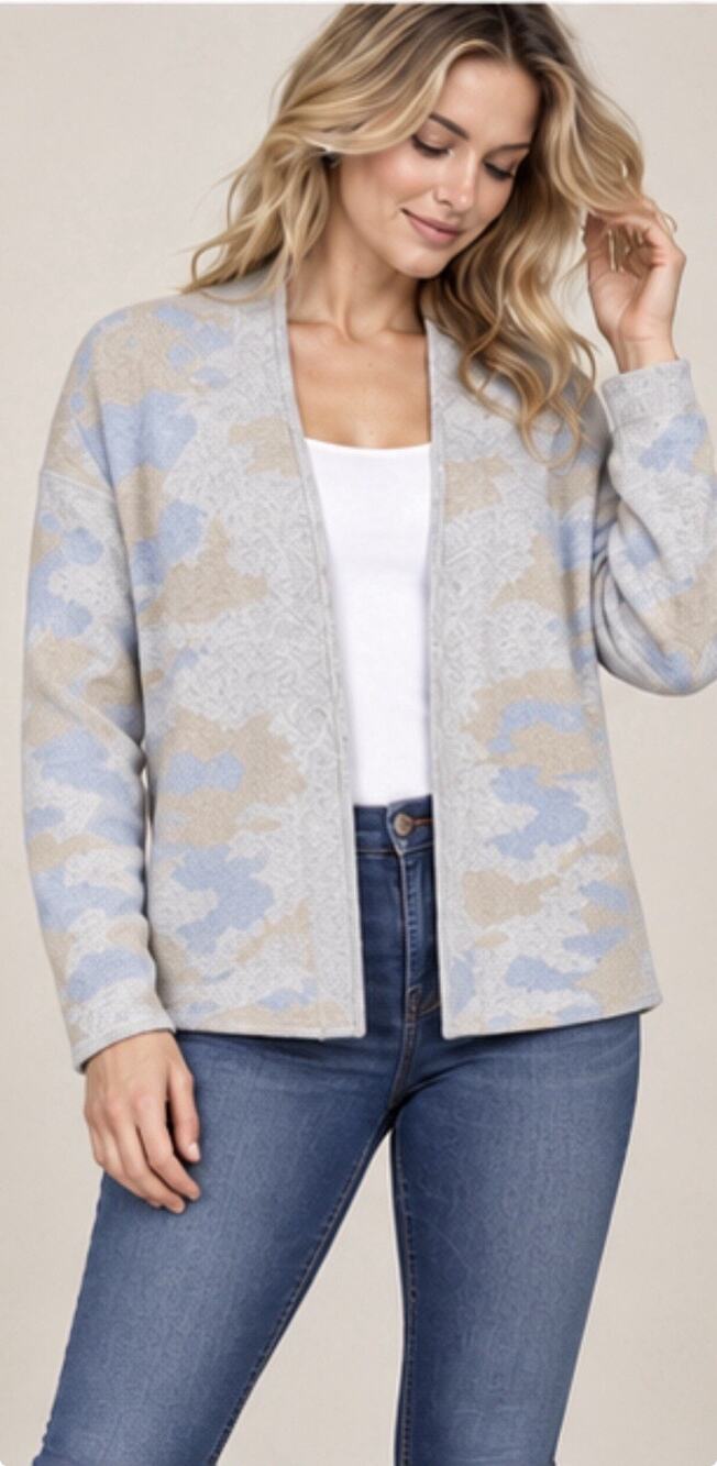 Kinross Cashmere Women Small Camo Open Front Cardigan Sweater Blue Beige Gray